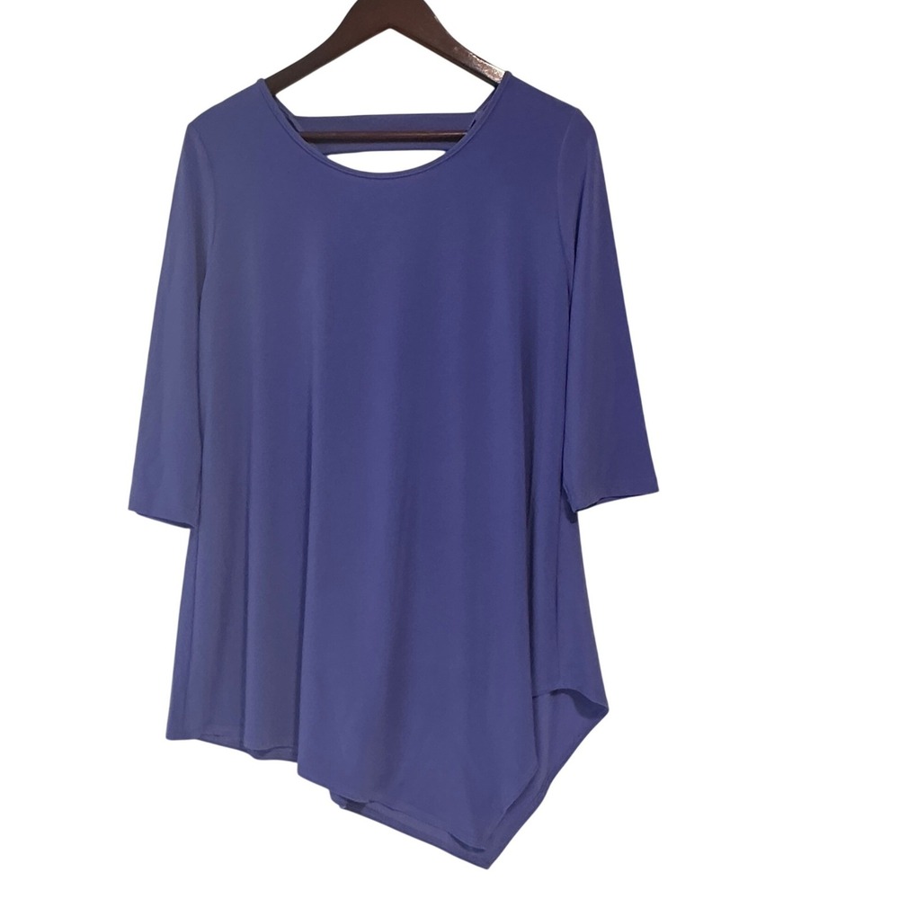 Clara Sun Woo Periwinkle Blue‎ Asymmetrical Hem 3/4 Sleeve Cutout Back Tunic Top